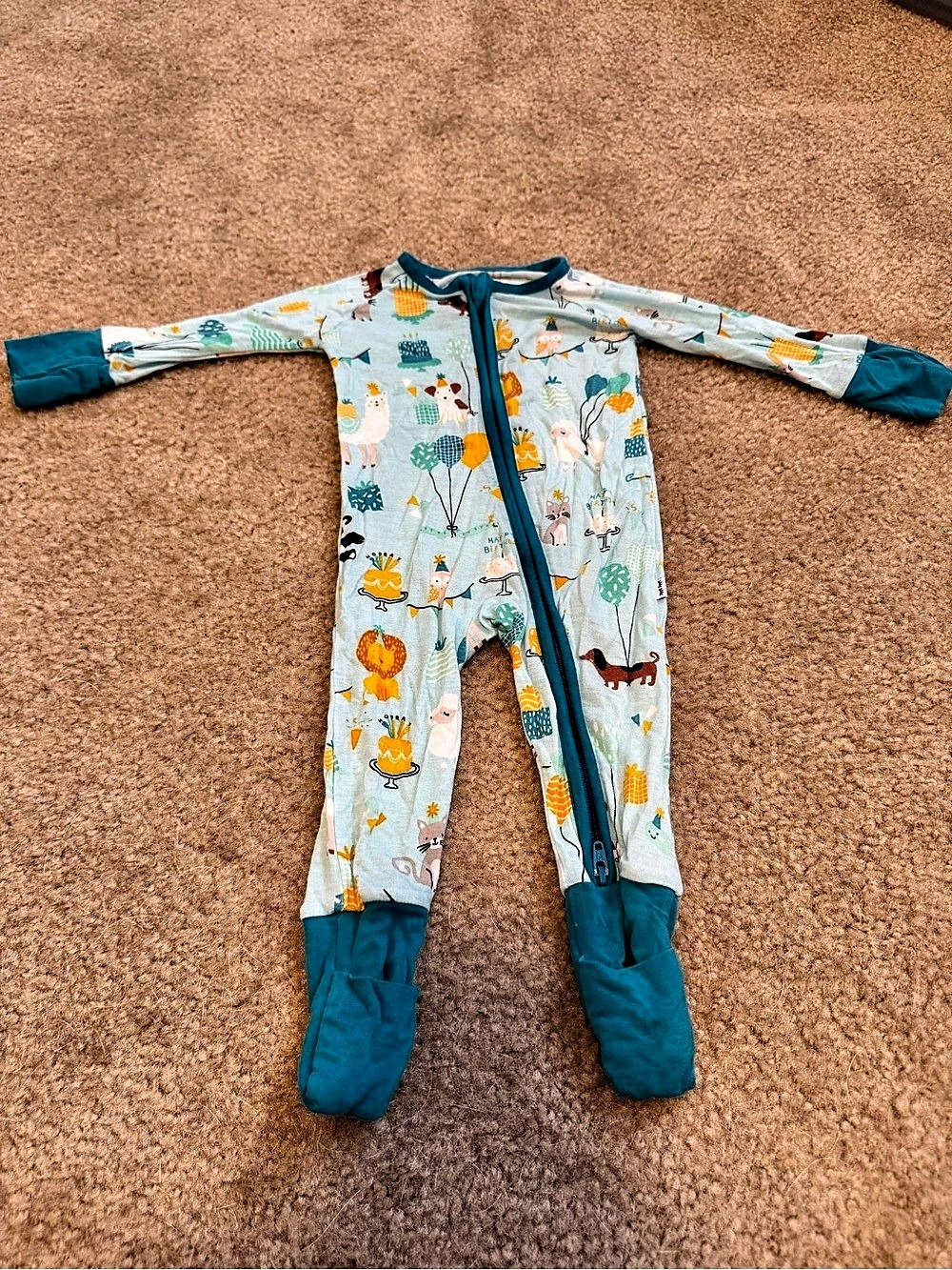 Little Sleepies Happy Birthday Zippy Blue & White Footie Pajamas